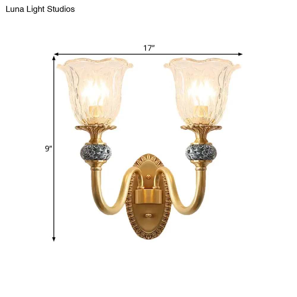 Floral Farmhouse Dining Room Wall Sconce - Clear Ribbed Glass, 6"/17" W, 2 Lights, Brass Finish