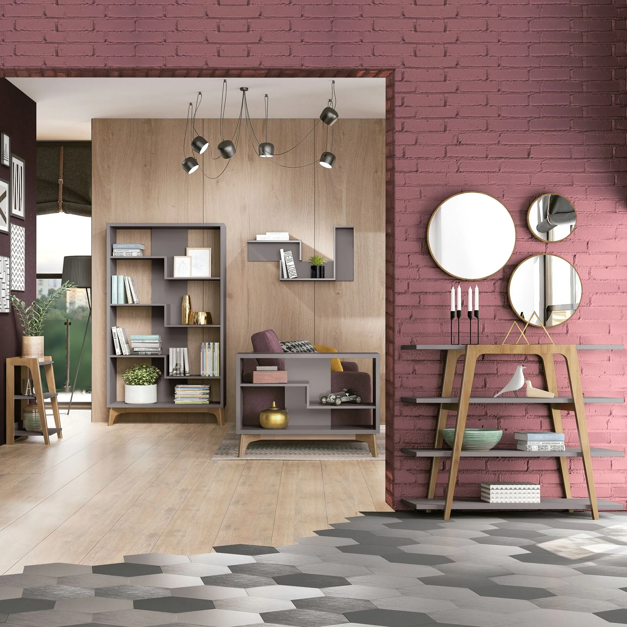 Gowanus Geometric 47.24 Modern Ladder Bookcase with 4 Shelves in Grey